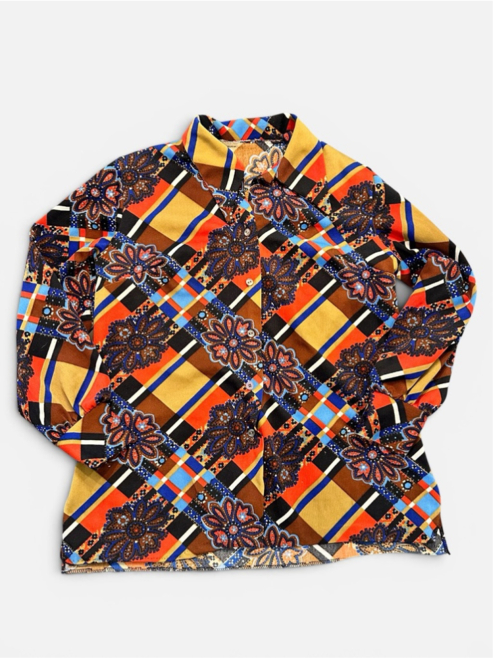 Vintage 70s Mod Psychedelic Floral Plaid Button Up Disco Blouse